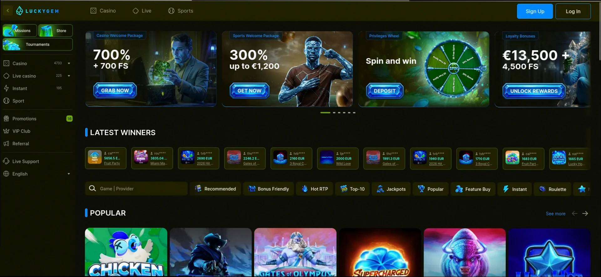 Luckygem Casino Tot €4.000 + 400 Gratis Spins welkomstbonus